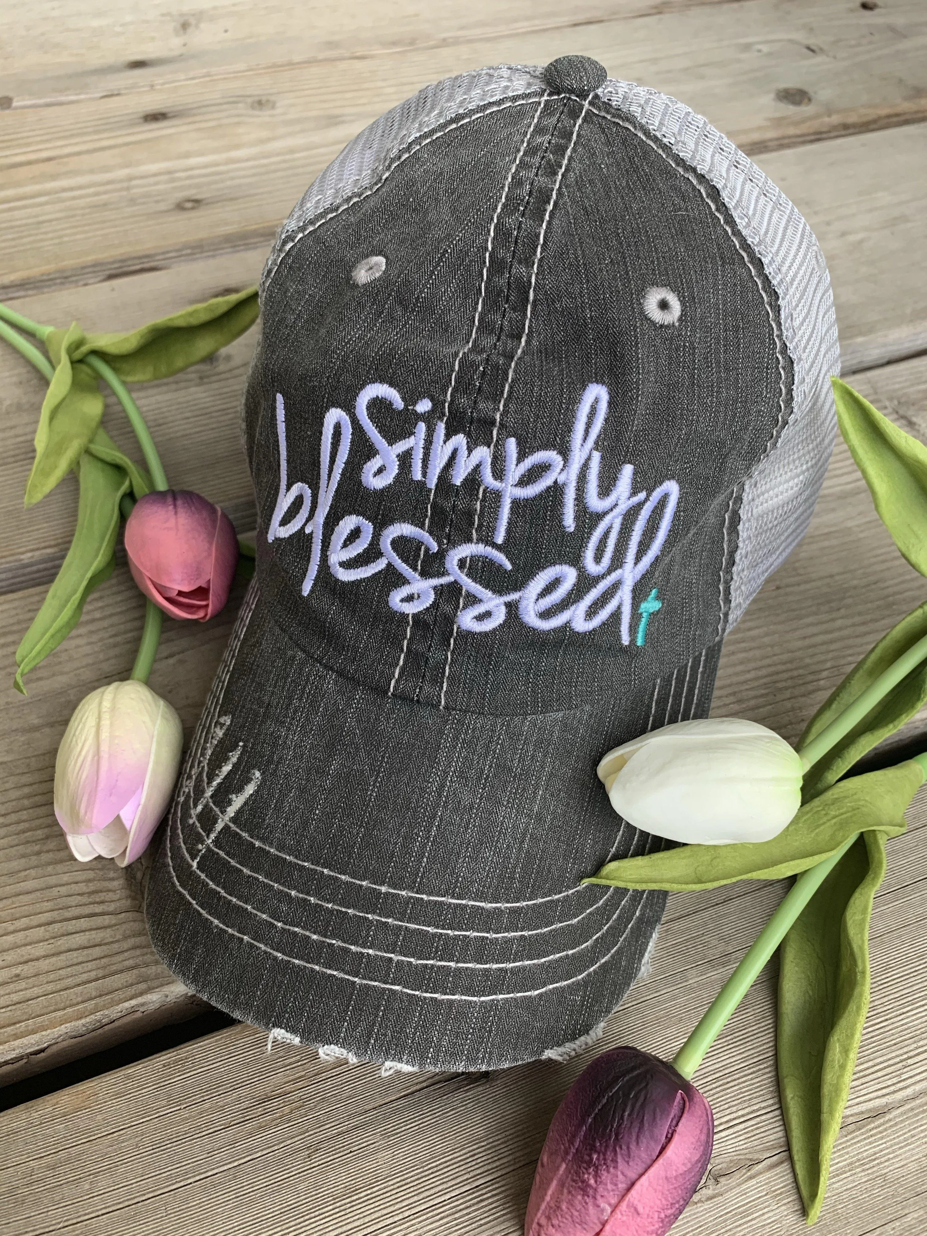 Blessed Hats Simply Blessed Pink or teal cross Gray distressed trucker cap with adjustable velkro Blessed hot mess