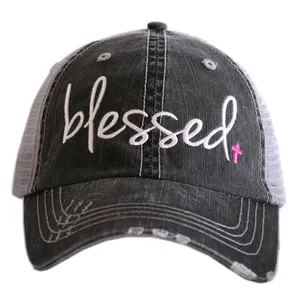 Blessed Hats Simply Blessed Pink or teal cross Gray distressed trucker cap with adjustable velkro Blessed hot mess
