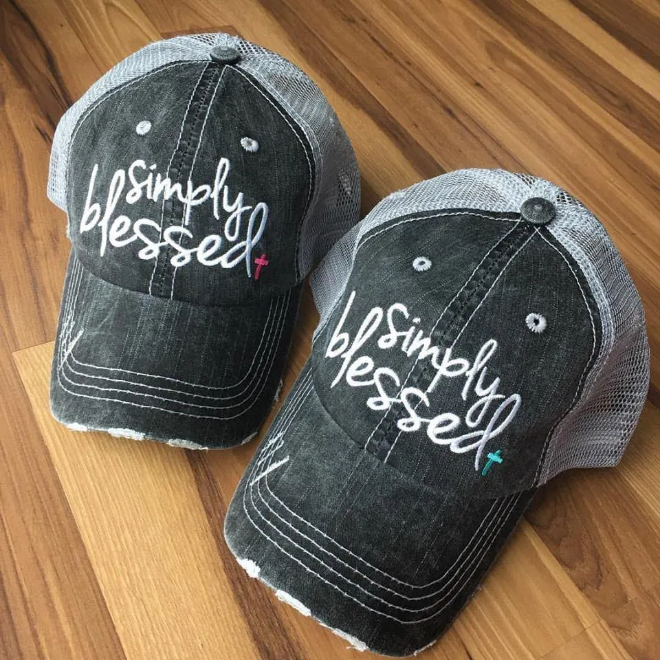 Blessed Hats Simply Blessed Pink or teal cross Gray distressed trucker cap with adjustable velkro Blessed hot mess