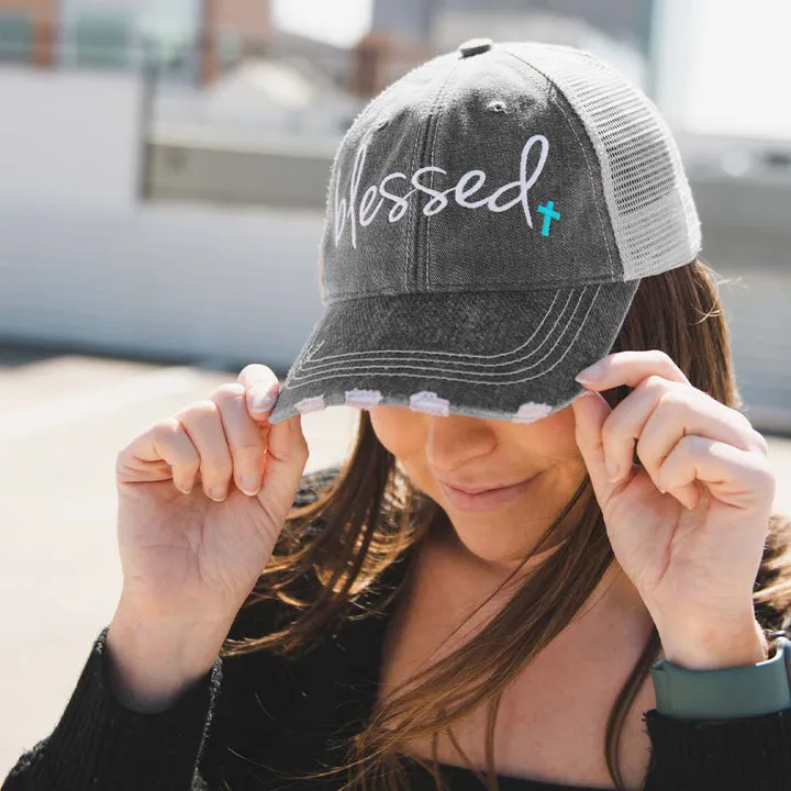 Blessed Hats Simply Blessed Pink or teal cross Gray distressed trucker cap with adjustable velkro Blessed hot mess