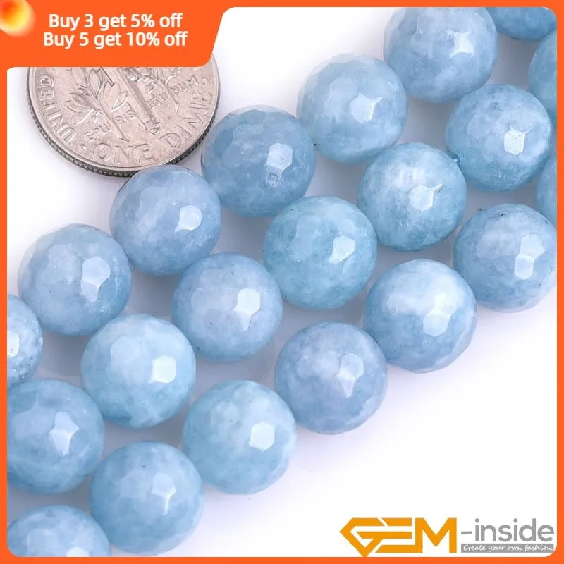 Blue Aquamarines Color Jades Faceted Round Beads