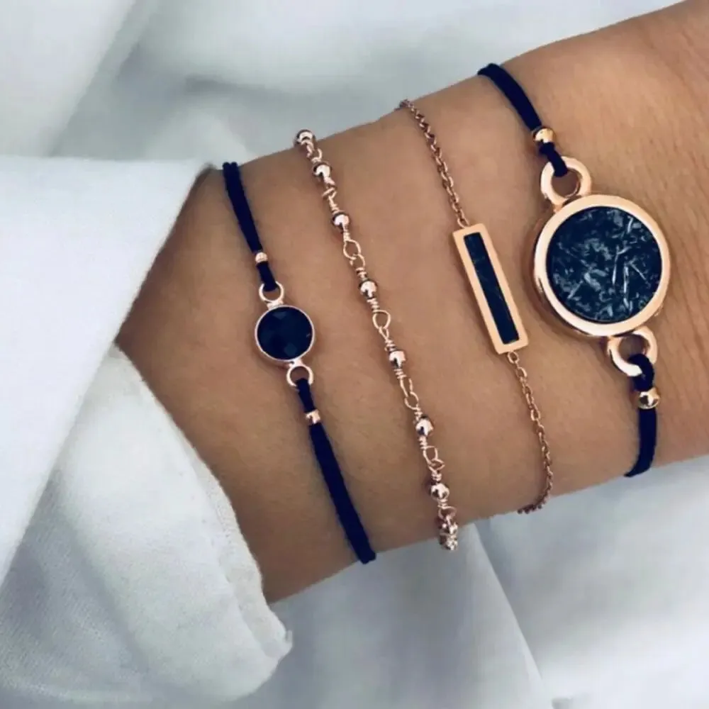 Bohemian Black Rope Chain Bracelet Set For Women aircraft Shell Moon Heart crystal Charm Bangle Boho Jewelry