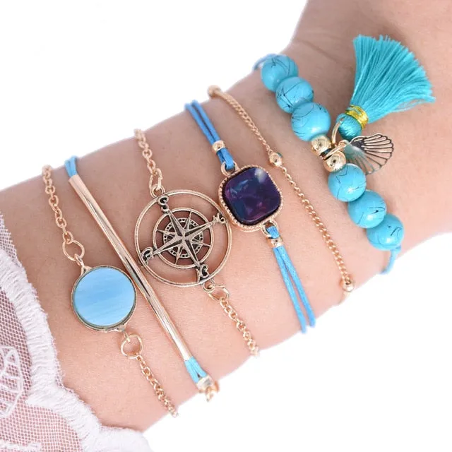 Boho Mixed Geometric Crystal Multi Layer Bracelets Adjustable Lasso Lobster Clasp Punk Bracelet For Women Jewelry Gifts