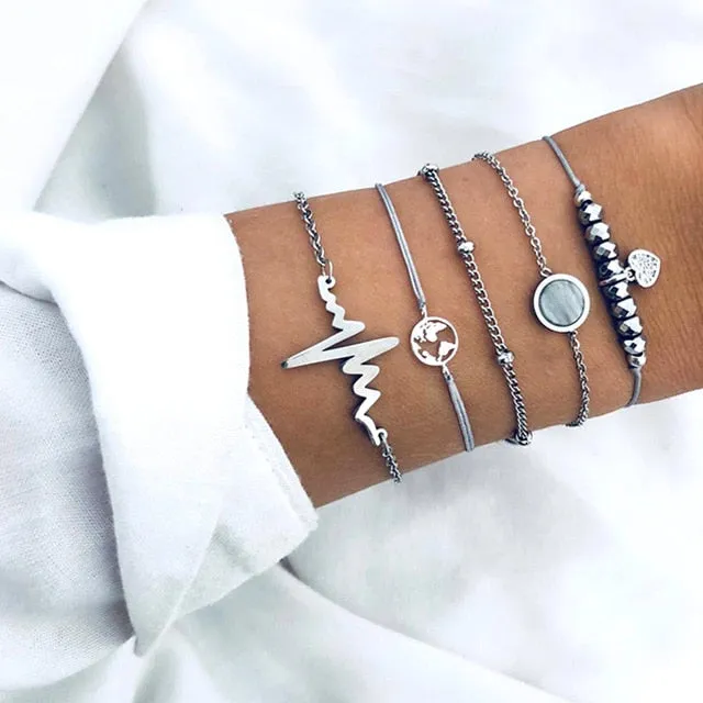 Boho Mixed Geometric Crystal Multi Layer Bracelets Adjustable Lasso Lobster Clasp Punk Bracelet For Women Jewelry Gifts