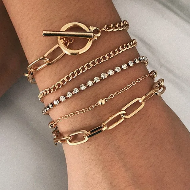 Boho Mixed Geometric Crystal Multi Layer Bracelets Adjustable Lasso Lobster Clasp Punk Bracelet For Women Jewelry Gifts