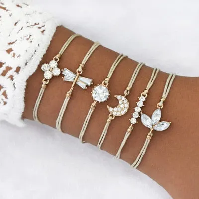 Boho Mixed Geometric Crystal Multi Layer Bracelets Adjustable Lasso Lobster Clasp Punk Bracelet For Women Jewelry Gifts
