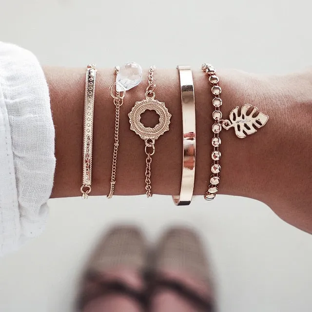 Boho Mixed Geometric Crystal Multi Layer Bracelets Adjustable Lasso Lobster Clasp Punk Bracelet For Women Jewelry Gifts