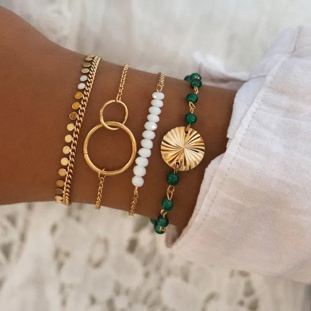 Boho Mixed Geometric Crystal Multi Layer Bracelets Adjustable Lasso Lobster Clasp Punk Bracelet For Women Jewelry Gifts