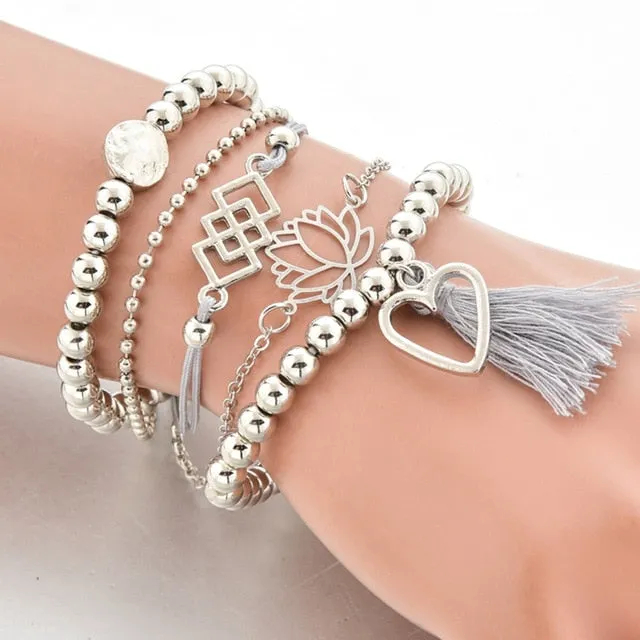 Boho Mixed Geometric Crystal Multi Layer Bracelets Adjustable Lasso Lobster Clasp Punk Bracelet For Women Jewelry Gifts