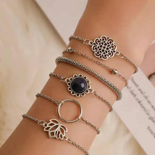 Boho Mixed Geometric Crystal Multi Layer Bracelets Adjustable Lasso Lobster Clasp Punk Bracelet For Women Jewelry Gifts