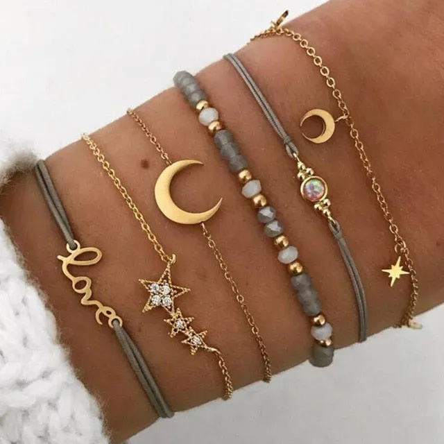 Boho Mixed Geometric Crystal Multi Layer Bracelets Adjustable Lasso Lobster Clasp Punk Bracelet For Women Jewelry Gifts