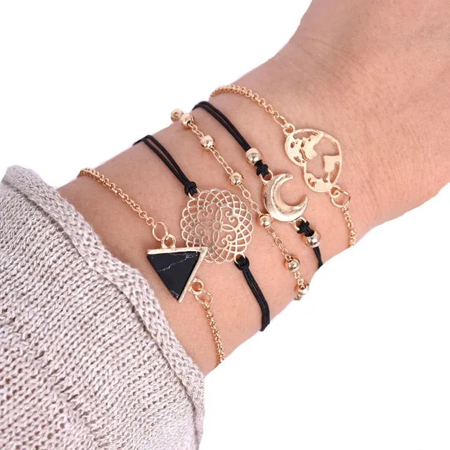 Boho Mixed Geometric Crystal Multi Layer Bracelets Adjustable Lasso Lobster Clasp Punk Bracelet For Women Jewelry Gifts