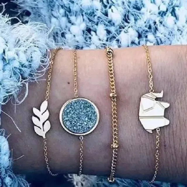 Boho Mixed Geometric Crystal Multi Layer Bracelets Adjustable Lasso Lobster Clasp Punk Bracelet For Women Jewelry Gifts