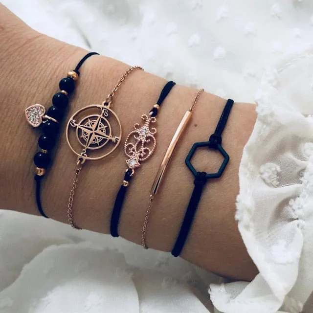 Boho Mixed Geometric Crystal Multi Layer Bracelets Adjustable Lasso Lobster Clasp Punk Bracelet For Women Jewelry Gifts
