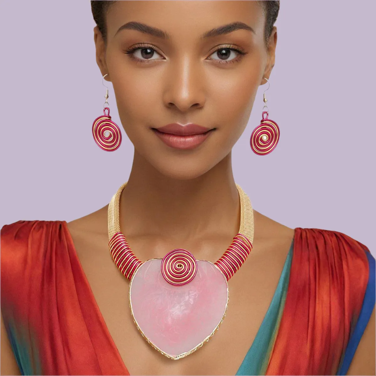 Bold Pink Palm Leaf Necklace Set – Complete Your Look