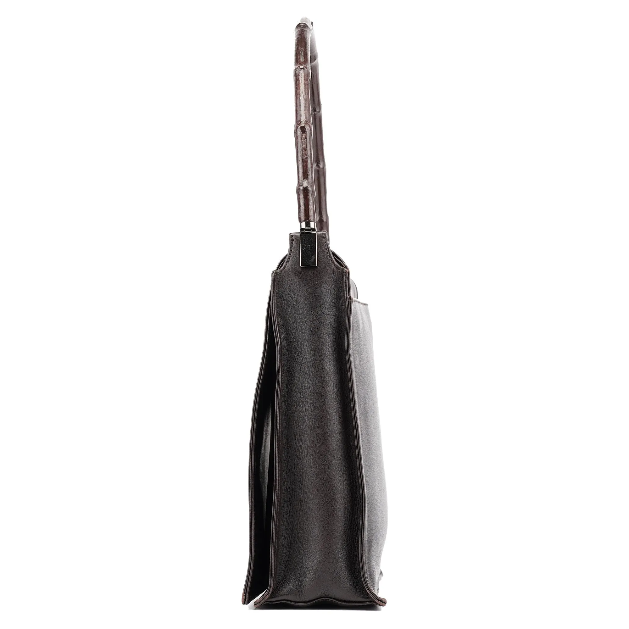 Brown Calfskin Bamboo Flap Shoulder Bag