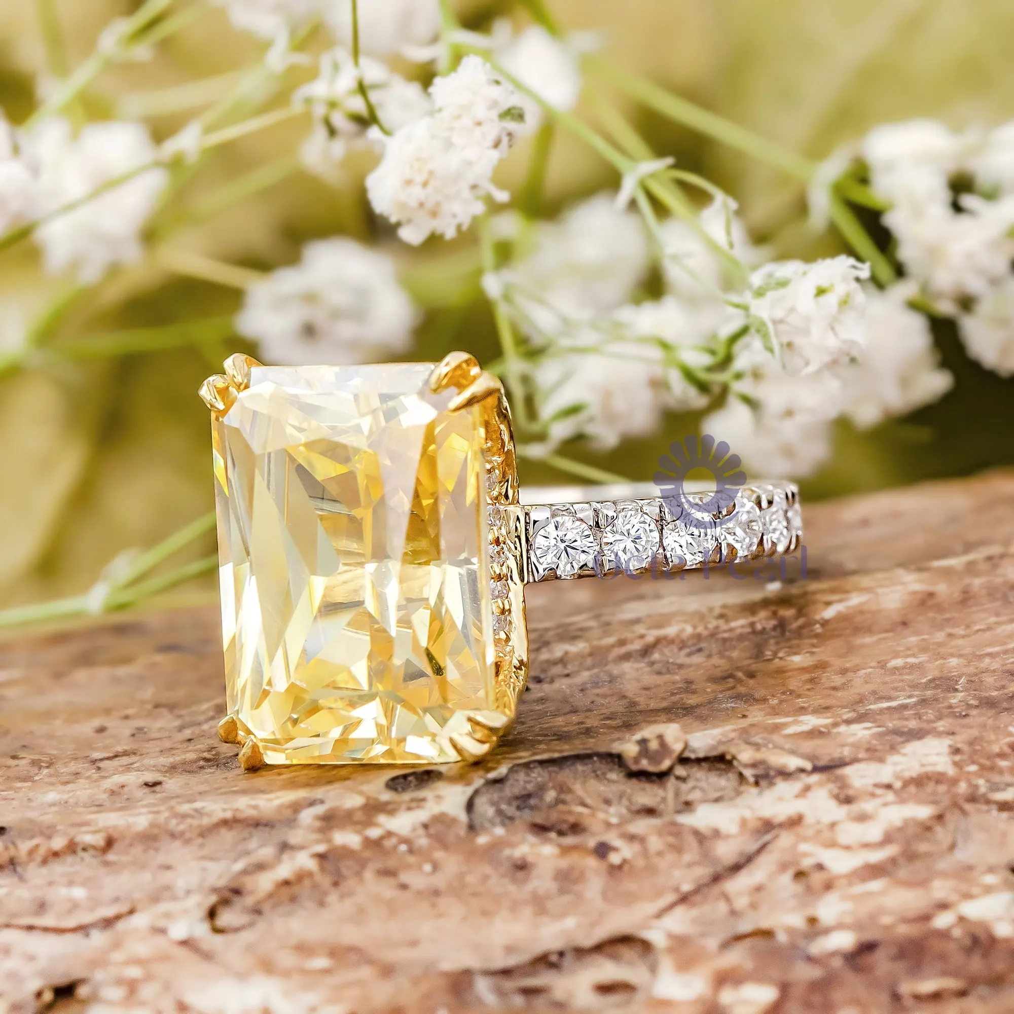 Canary Yellow Radiant CZ Stone Accents With Hidden Halo Wedding Ring