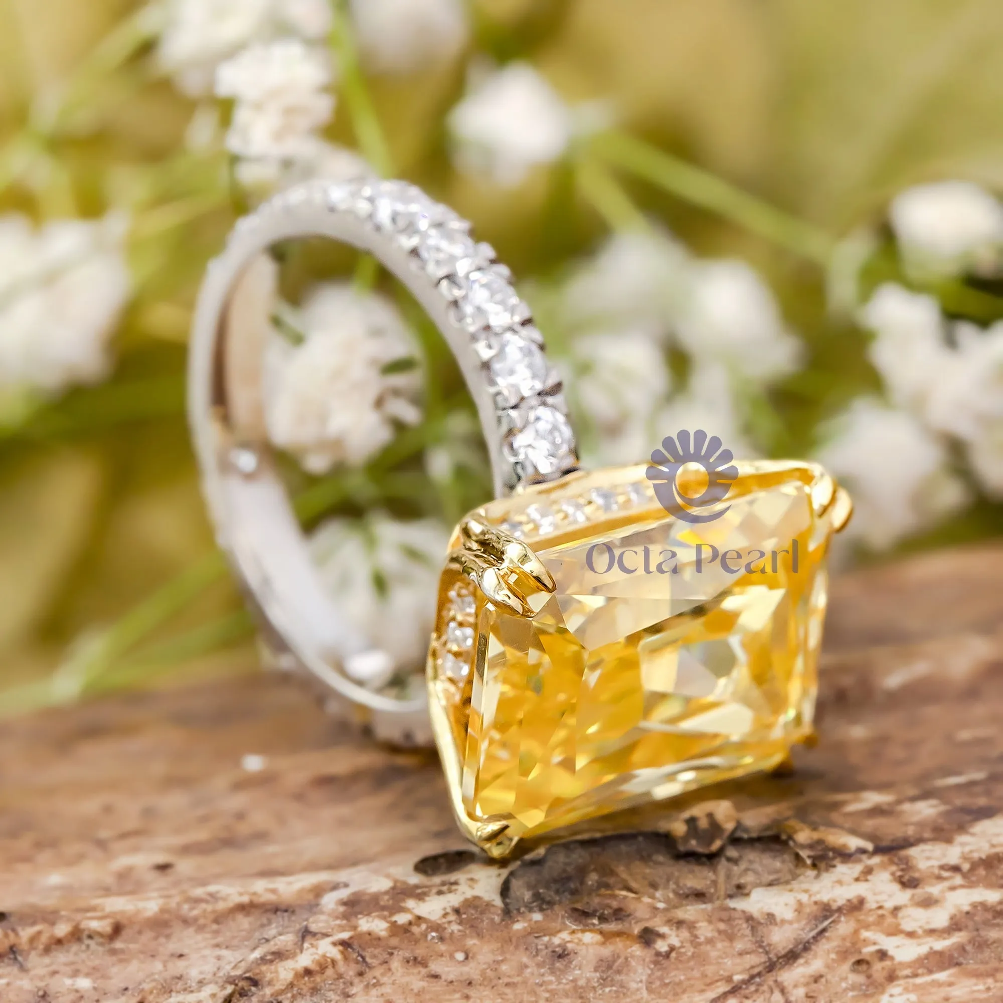 Canary Yellow Radiant CZ Stone Accents With Hidden Halo Wedding Ring