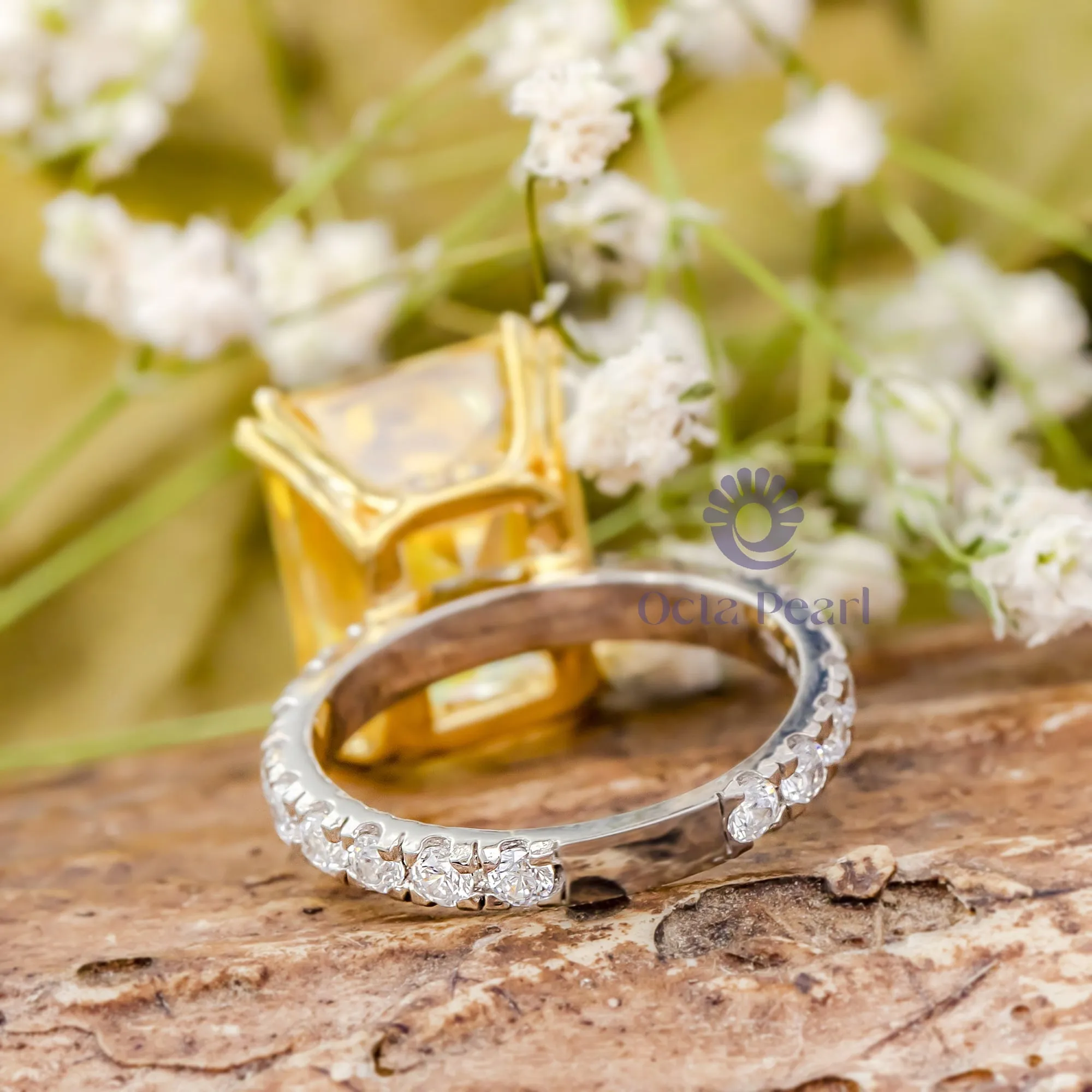 Canary Yellow Radiant CZ Stone Accents With Hidden Halo Wedding Ring