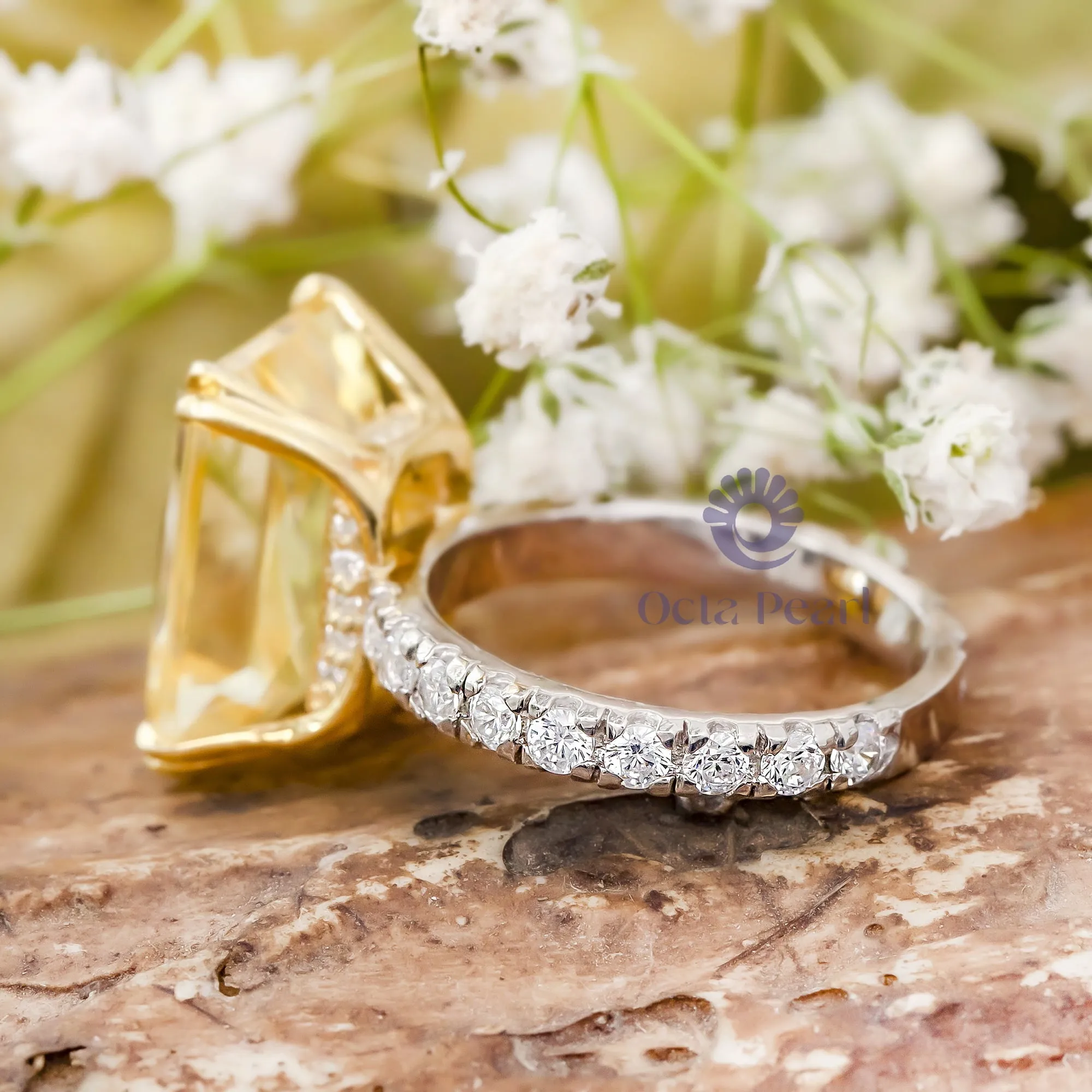 Canary Yellow Radiant CZ Stone Accents With Hidden Halo Wedding Ring