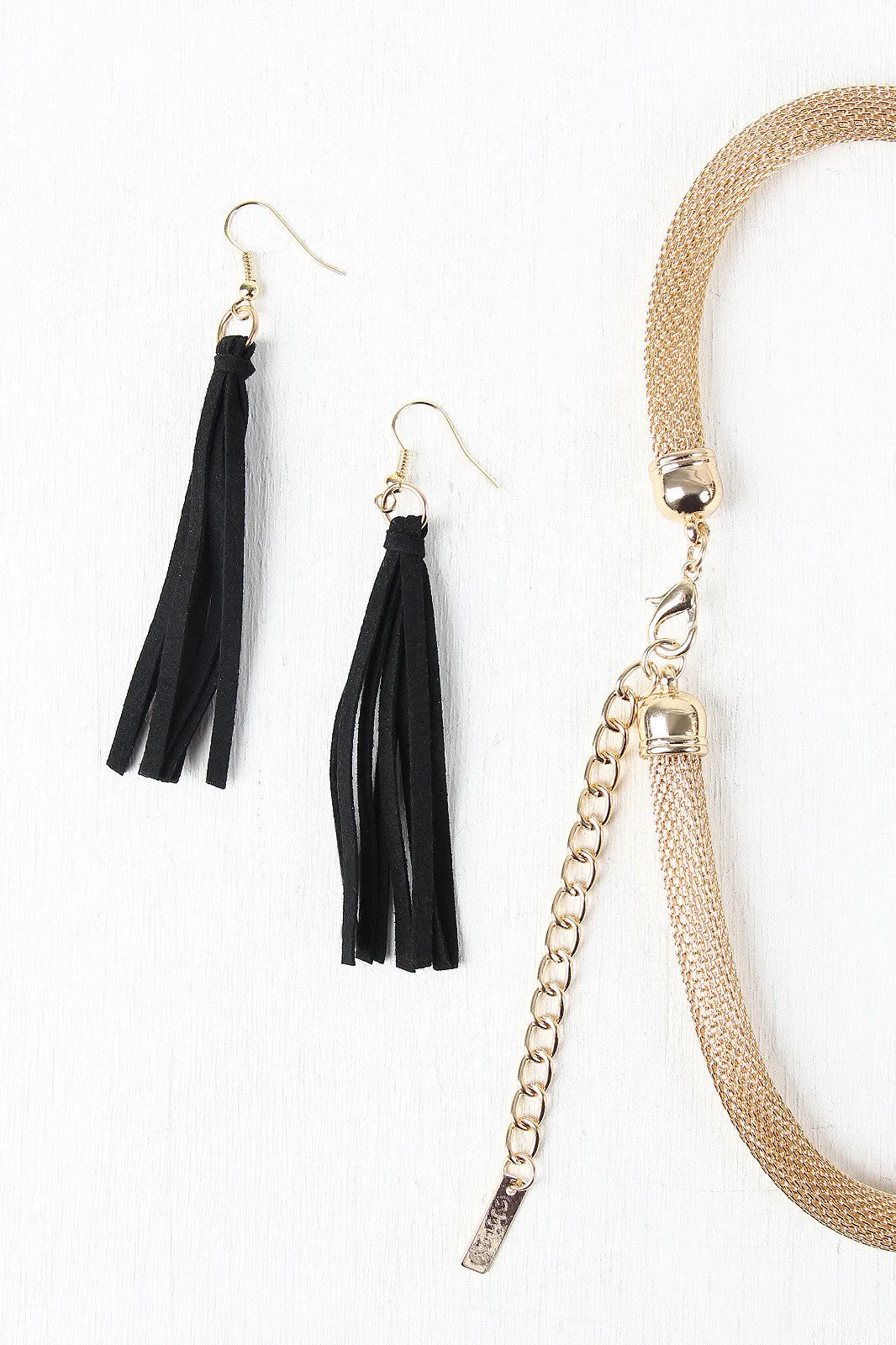 Chain And Suede Fringe Mesh Tube Necklace
