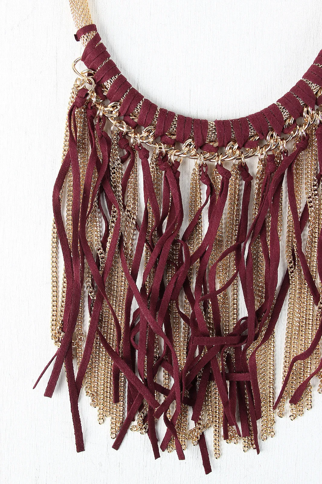 Chain And Suede Fringe Mesh Tube Necklace