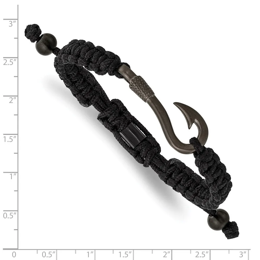 Chisel Stainless Steel Brushed Gun Metal IP-plated Fishing Hook Black Nylon Adjustable Bracelet