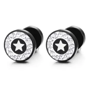 Circle Star Stud Earring CZ Black Enamel, Men Women, Steel Cheater Fake Ear Plugs Gauges Tunnel