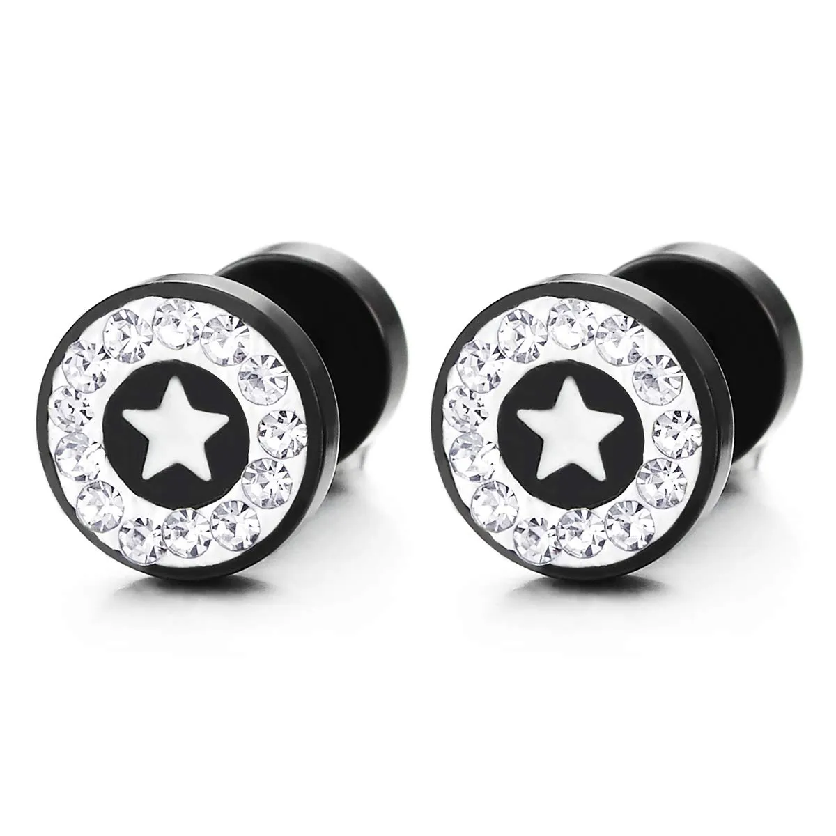 Circle Star Stud Earring CZ Black Enamel, Men Women, Steel Cheater Fake Ear Plugs Gauges Tunnel