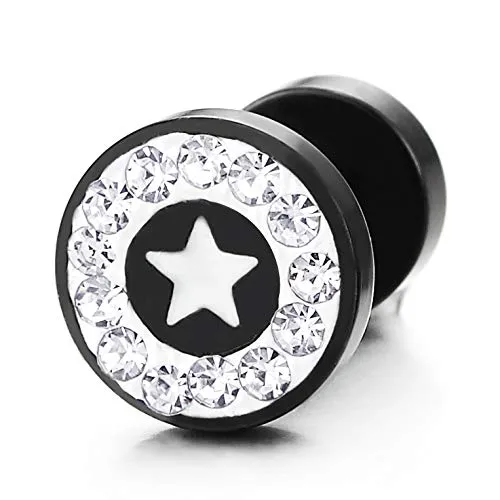 Circle Star Stud Earring CZ Black Enamel, Men Women, Steel Cheater Fake Ear Plugs Gauges Tunnel