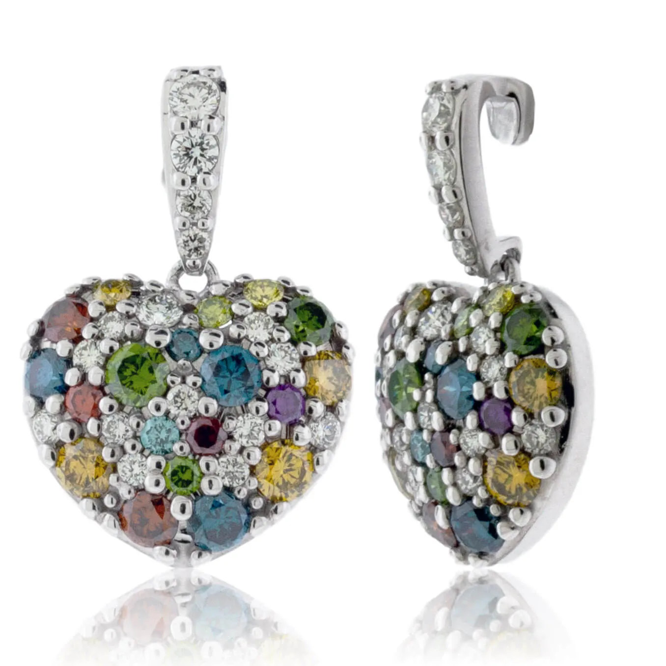 Colored Diamond & Diamond Dangle Heart Earrings