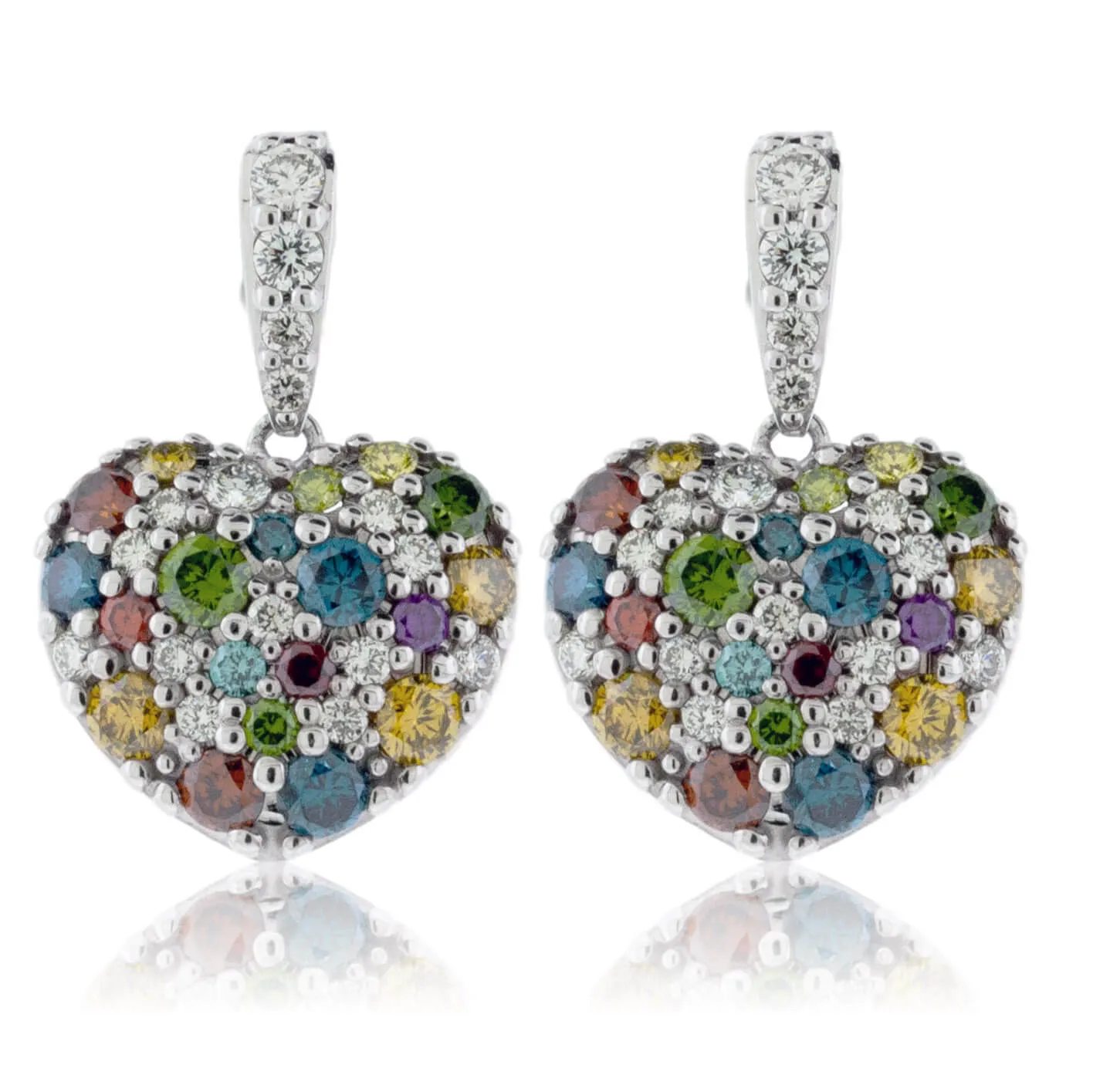 Colored Diamond & Diamond Dangle Heart Earrings