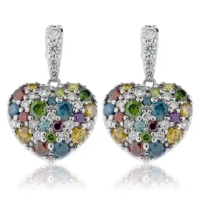 Colored Diamond & Diamond Dangle Heart Earrings