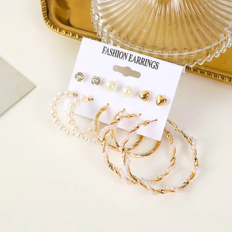 Combo 6 Pair Crystal Pearl Studs And Hoop Earrings