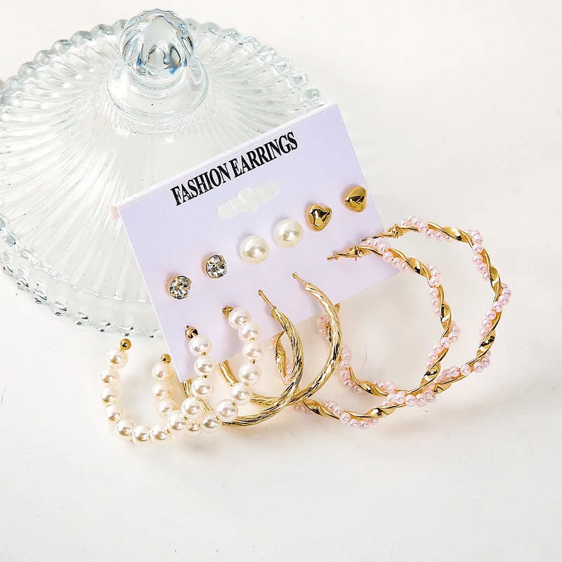 Combo 6 Pair Crystal Pearl Studs And Hoop Earrings