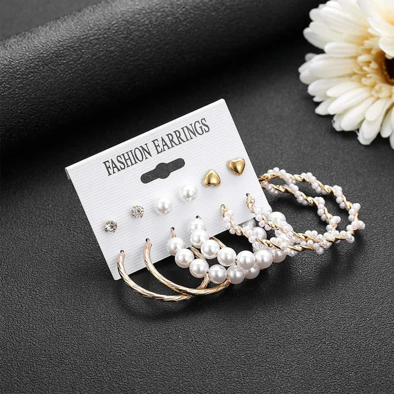 Combo 6 Pair Crystal Pearl Studs And Hoop Earrings