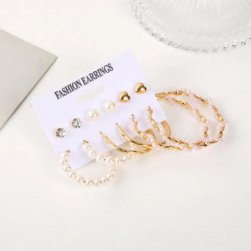 Combo 6 Pair Crystal Pearl Studs And Hoop Earrings
