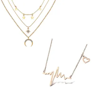 Combo Of 2 Heartbeat Moon Stars Necklace