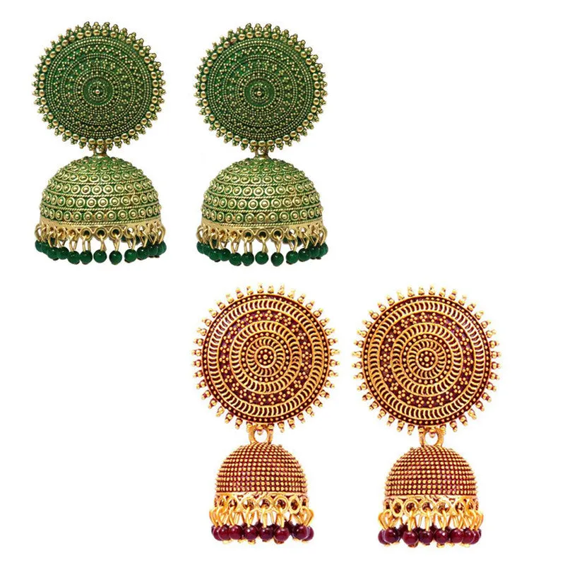 Combo of 2 Maroon and Dark Green Pearls Dome Shape Jhumki