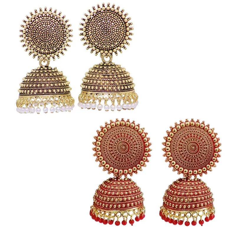 Combo of 2 Red and Golden Pearls Dome Shape Jhumki