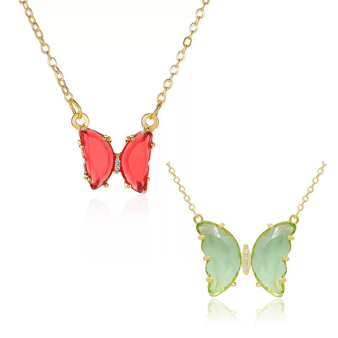 Combo Of 2 Red Green Crystal Butterfly Pendant