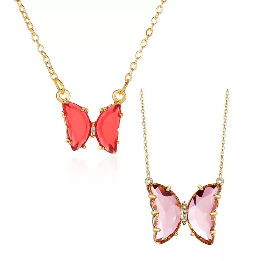 Combo Of 2 Red Pink Crystal Butterfly Pendant