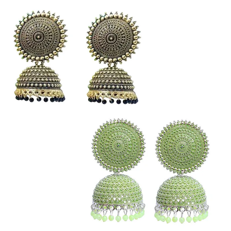 Combo of 2 Seagreen and Black Pearls Drop Dome Shape Jhumki