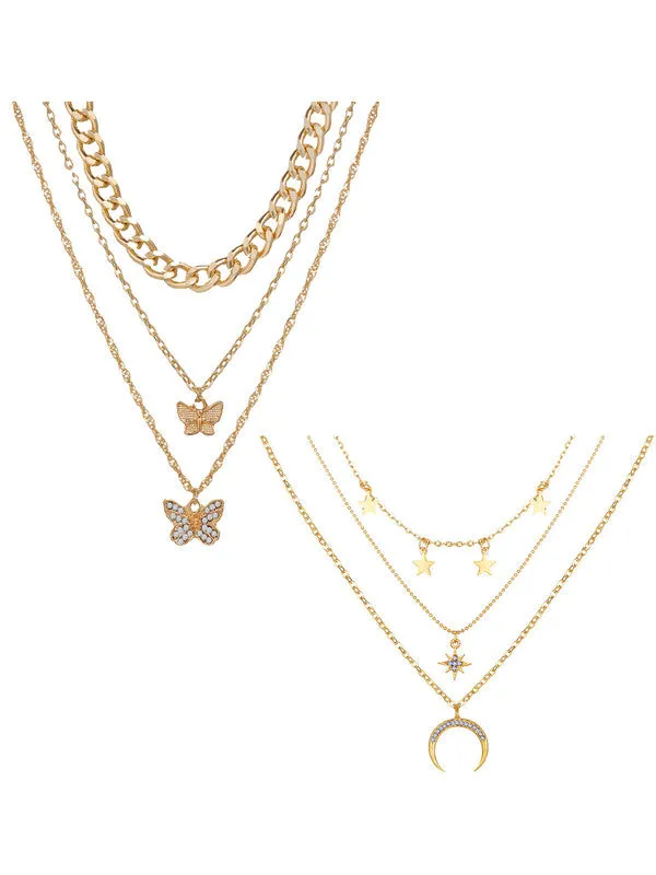 Combo Of 2 Triple Layered Stars Moon & Butterfly Pendant