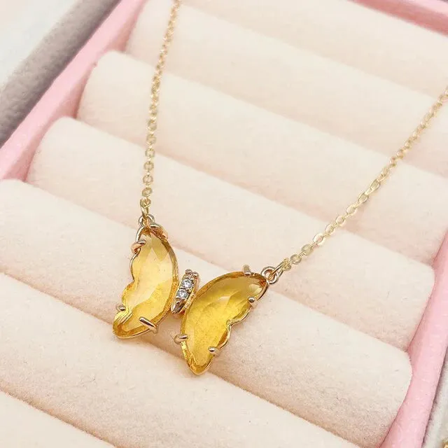 Combo Of 2 Yellow Pink Crystal Butterfly Pendant