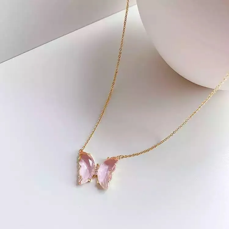Combo Of 2 Yellow Pink Crystal Butterfly Pendant