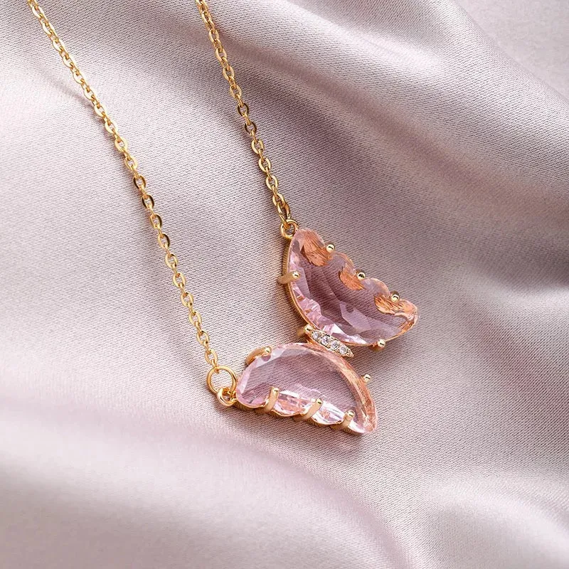 Combo Of 2 Yellow Pink Crystal Butterfly Pendant