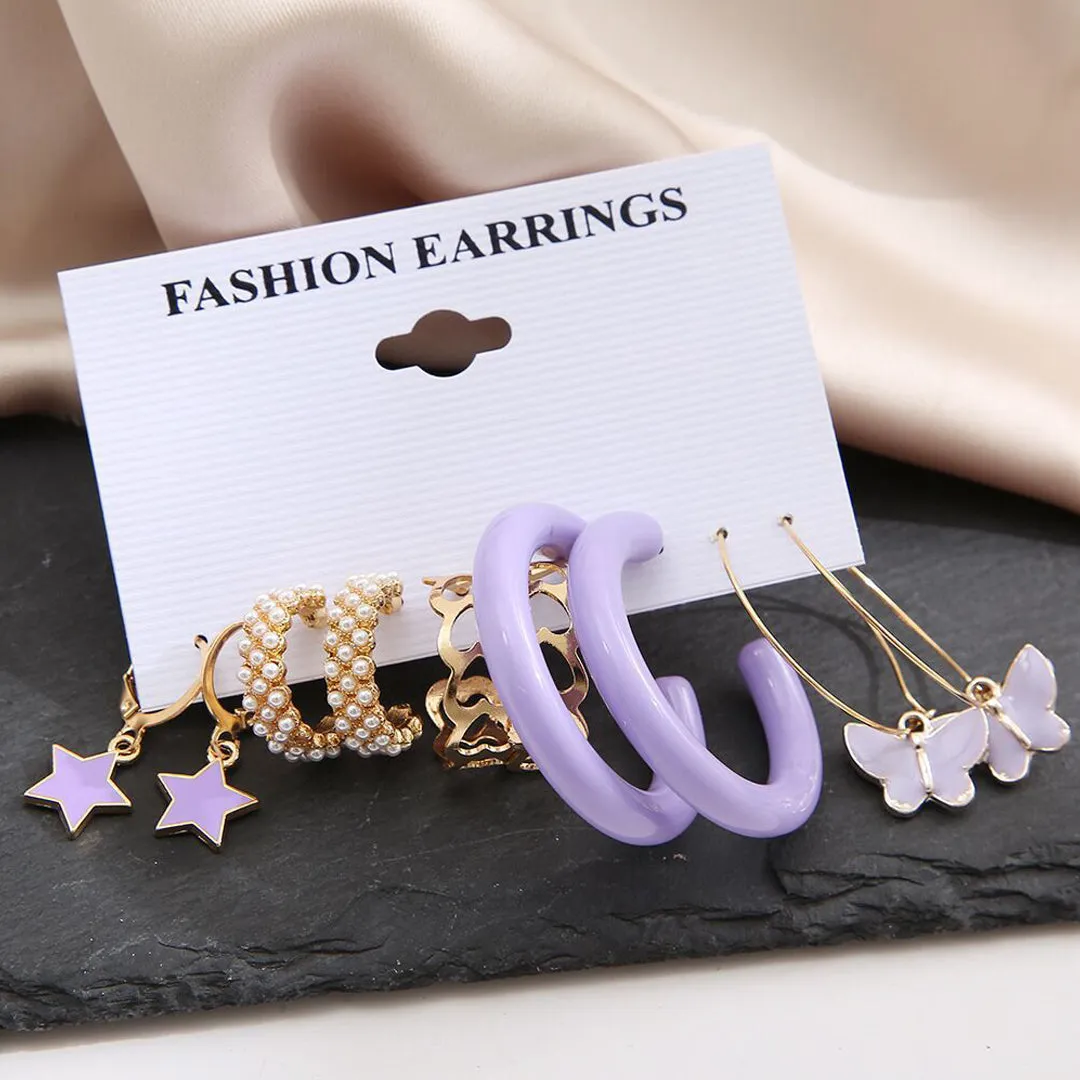 Combo of 5 Butterfly Star Heart Purple and Golden Hoop Earrings
