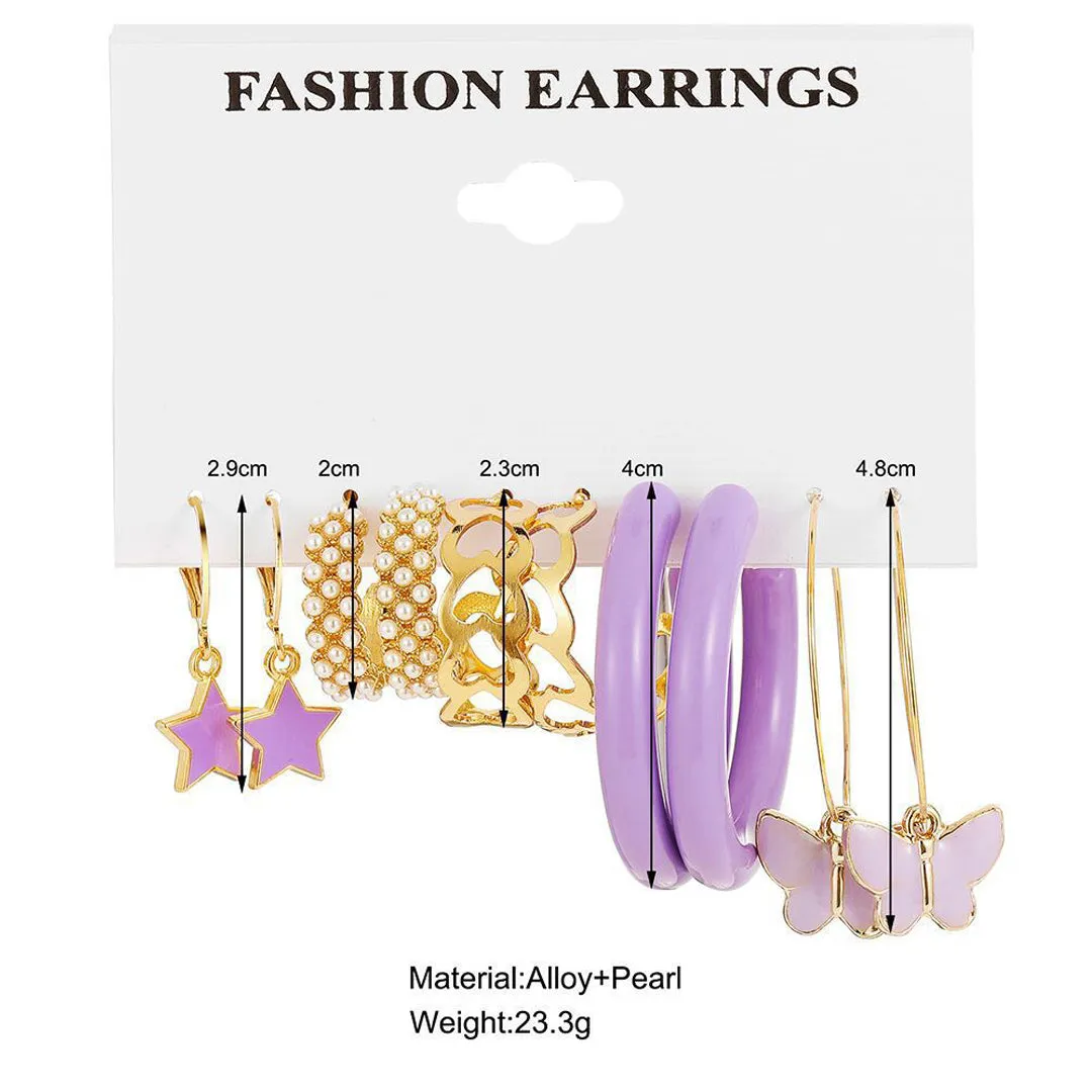 Combo of 5 Butterfly Star Heart Purple and Golden Hoop Earrings