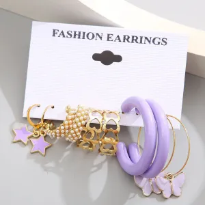 Combo of 5 Butterfly Star Heart Purple and Golden Hoop Earrings